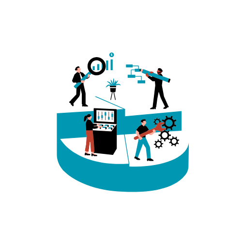 Illustration of people working on analyzing data, managing operations, and manipulating gears in a circular diagram, with charts, graphs, and tools.