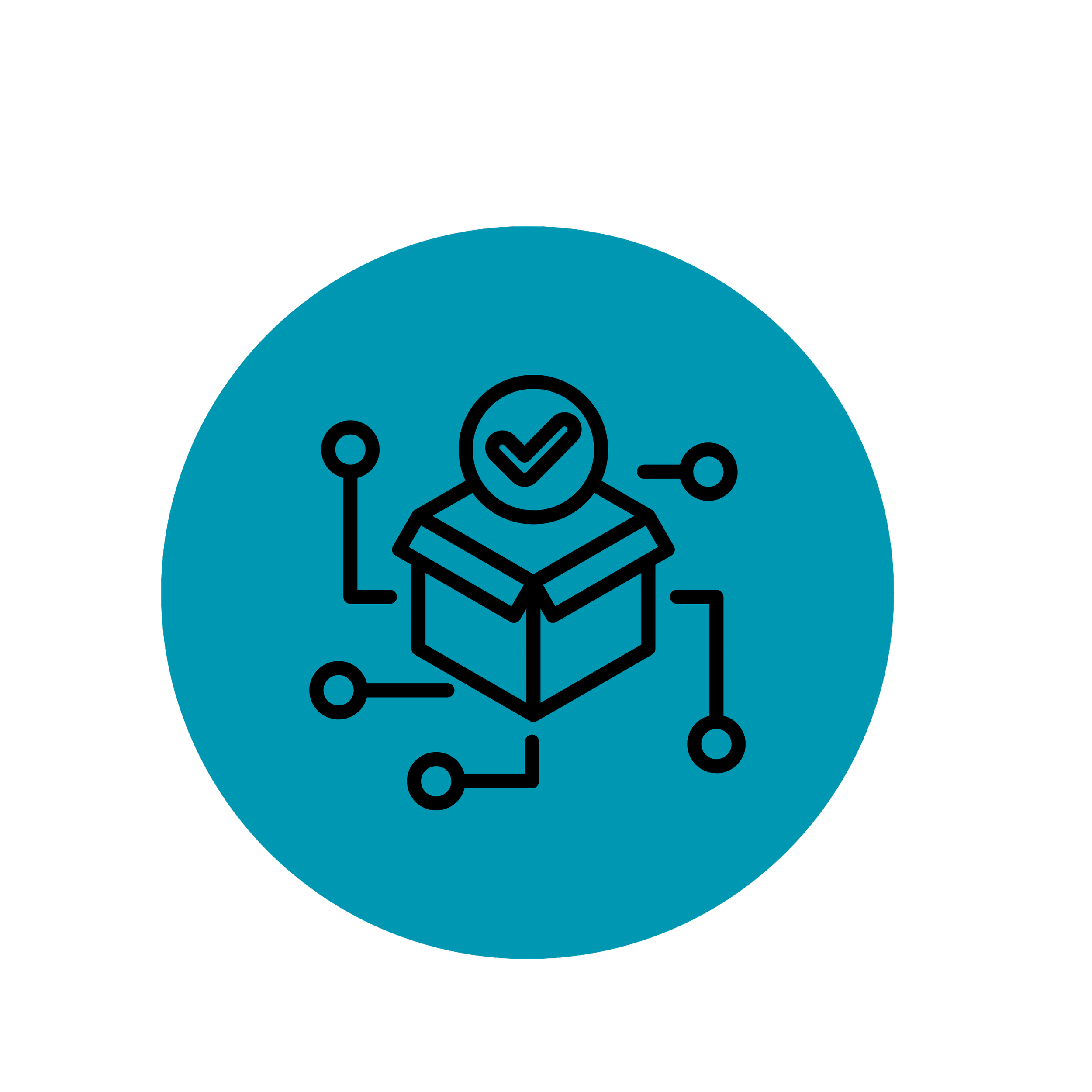 Icon representing quality control or product assurance, with a box and a checkmark inside a circle, connected to lines and dots.
