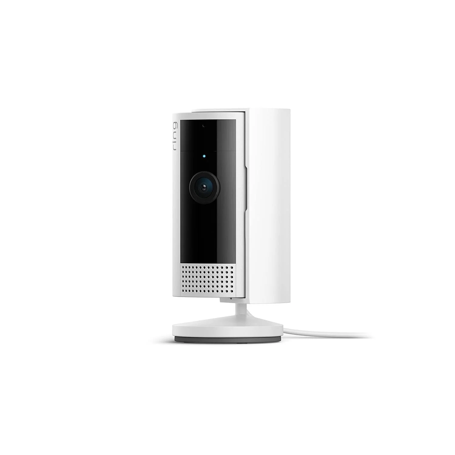 A white smart video doorbell with a black front panel, a circular camera lens, and a speaker grille at the bottom, placed on a white background.