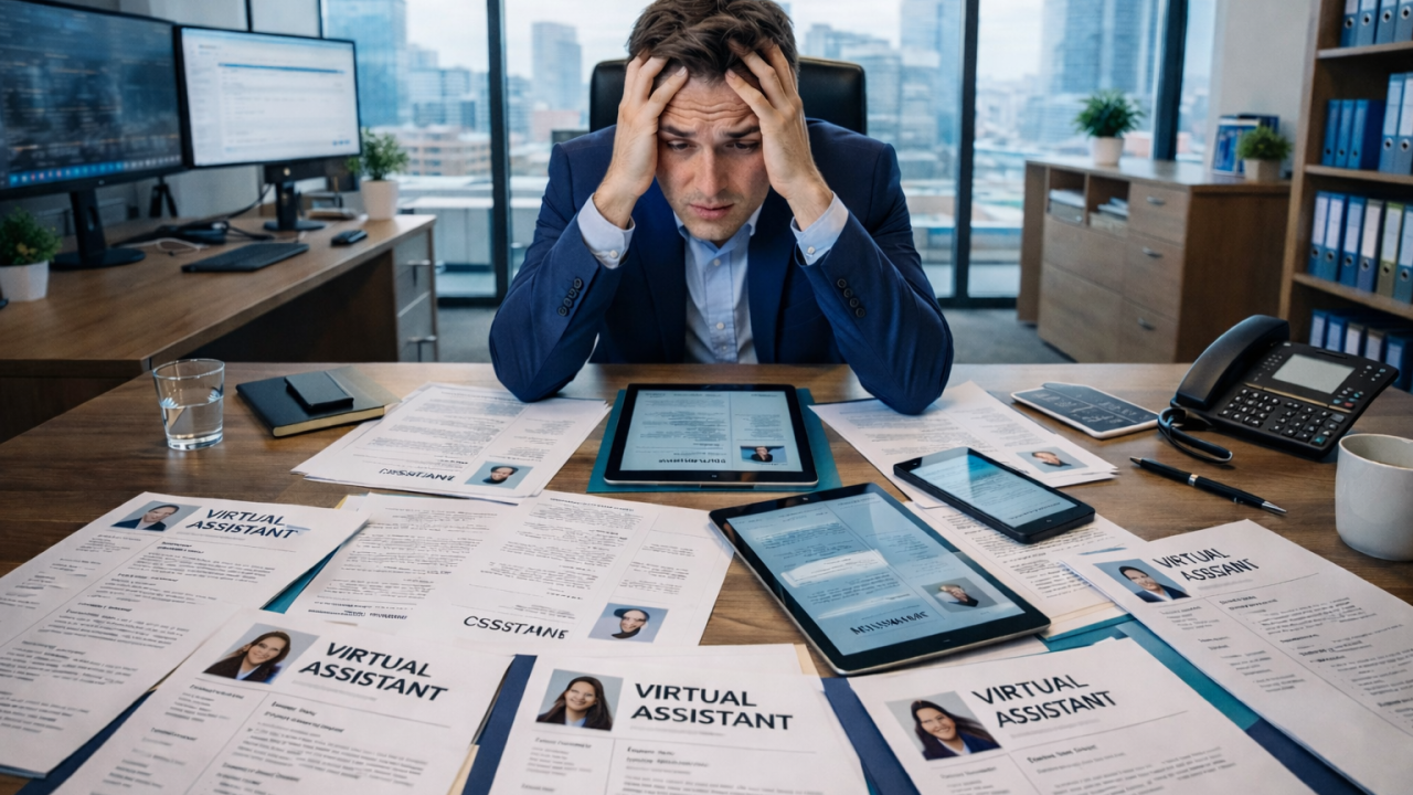 AI generated image of a business owner overwhelmed looking at CVs for Virtual Assistants.