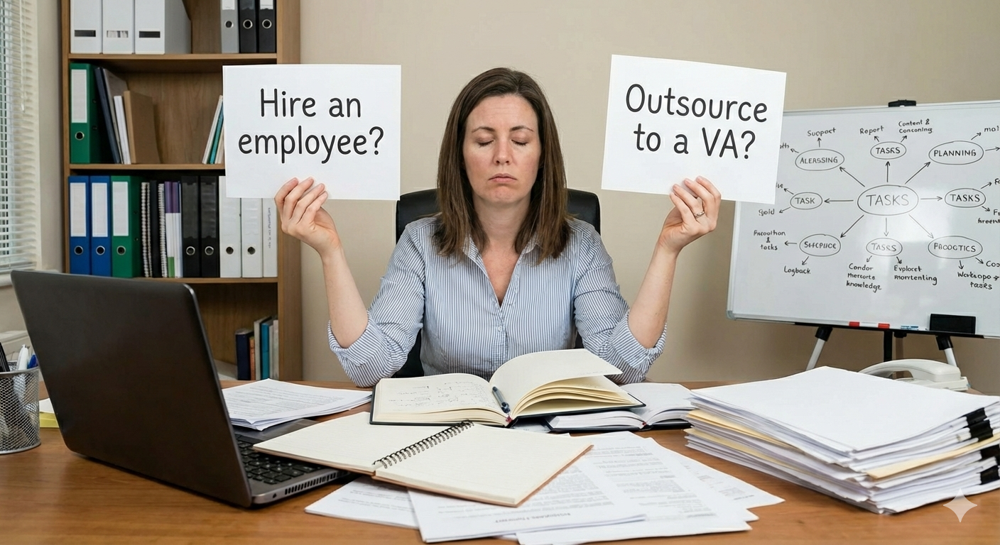 AI generated image of a business owner considering whether to hire an employee or outsource to a VA