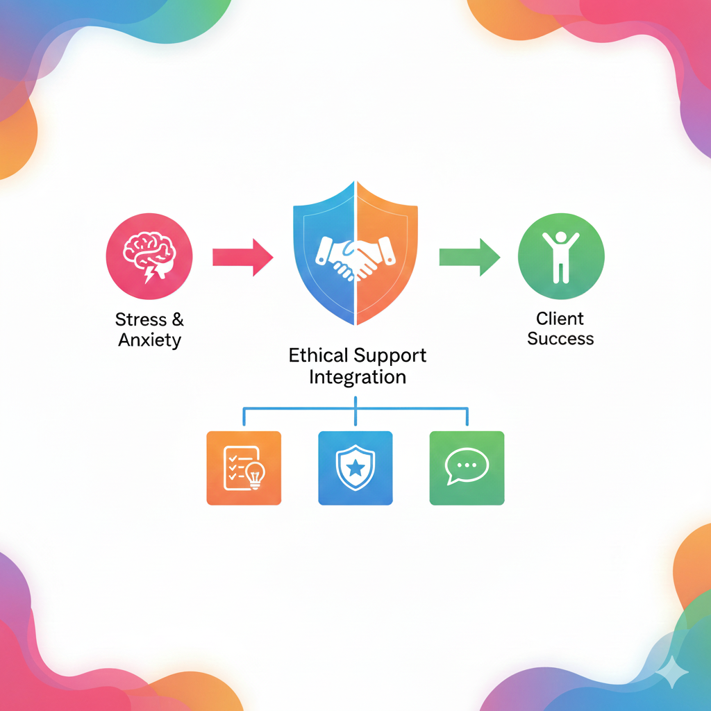 Flowchart illustrating how ethical support and integration lead from stress and anxiety to client success, with icons representing stress, ethical support, and client success, and supporting elements including checklists, protection, and communication.