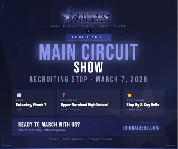 Raiders Drum & Bugle Corp March recruiting flyer