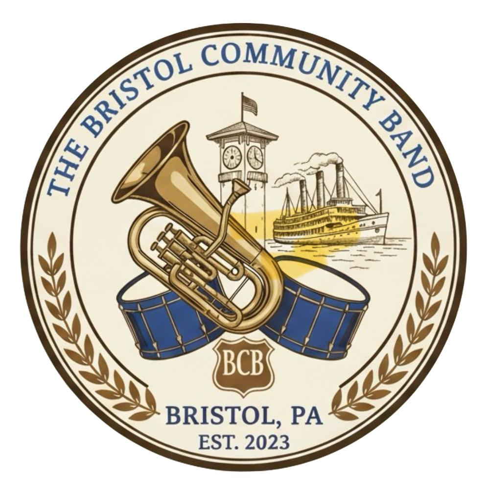 Logo for The Bristol Community Band, featuring a brass instrument, drums, a clock tower, and a ship, with the text "The Bristol Community Band, Bristol, PA, Est. 2023."