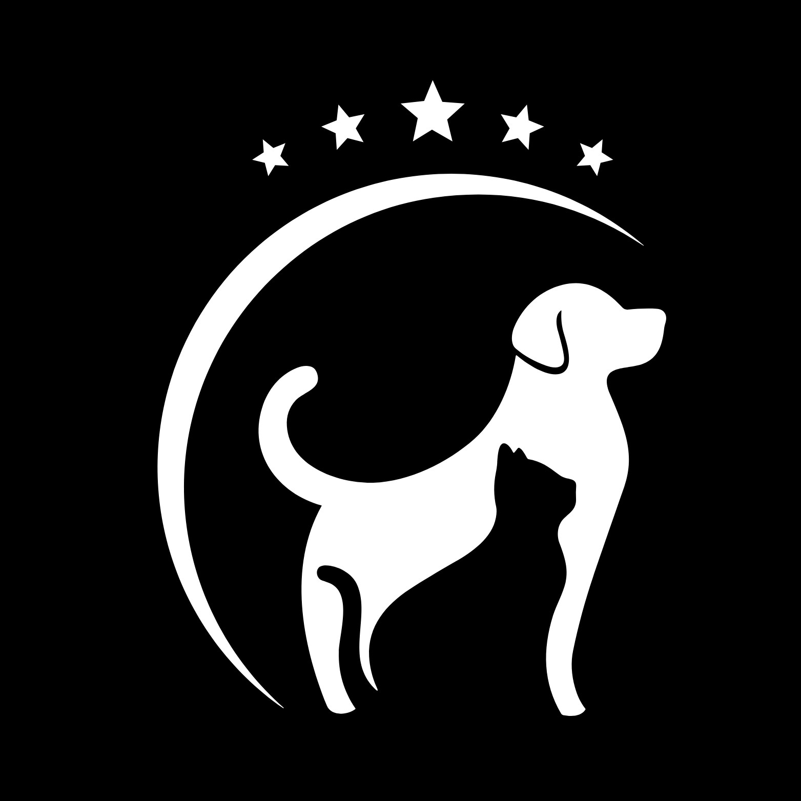 Black and white silhouette of a dog and a cat sitting together inside a circle with a crescent moon and seven stars above.