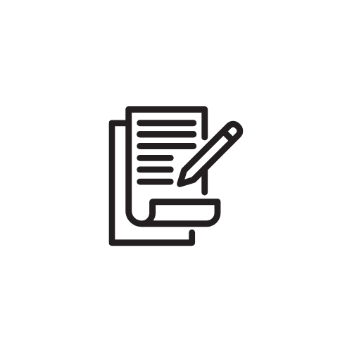 Icon of a document with lines of text and a pen writing on it.