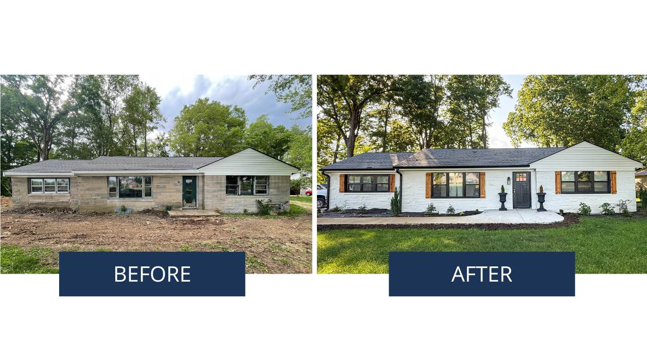 Side-by-side comparison of a house before and after renovation. The 'before' image shows a house with a gray stone exterior and a dirt yard. The 'after' image shows the same house with a white painted exterior, black window frames, wooden shutters, a