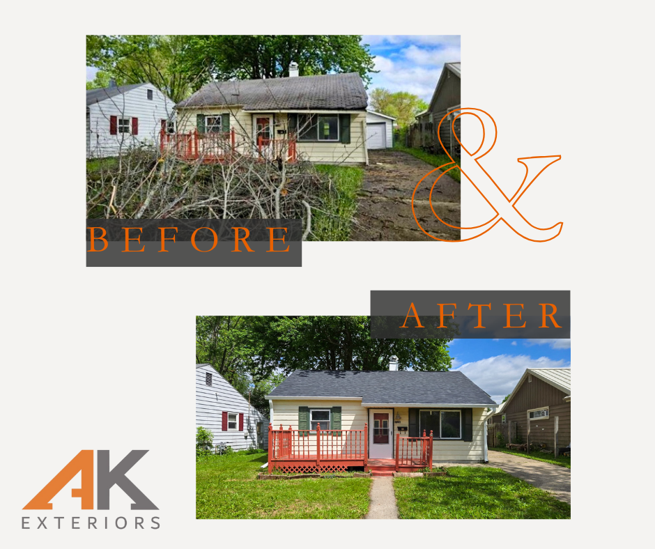 Comparison of a house exterior before and after renovation. The 'before' photo shows a house with overgrown bushes, a dirt driveway, and a weathered exterior. The 'after' photo shows the same house with a clean lawn, a new porch, and freshly painted