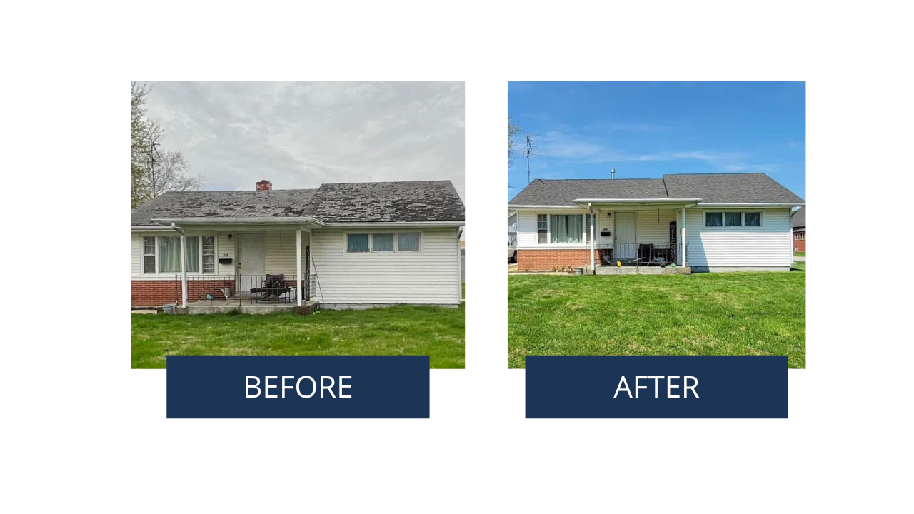 Comparison photo showing a house before and after renovation. The left side labeled 'BEFORE', with a worn roof and weathered exterior. The right side labeled 'AFTER', with a clean roof and freshly painted exterior.