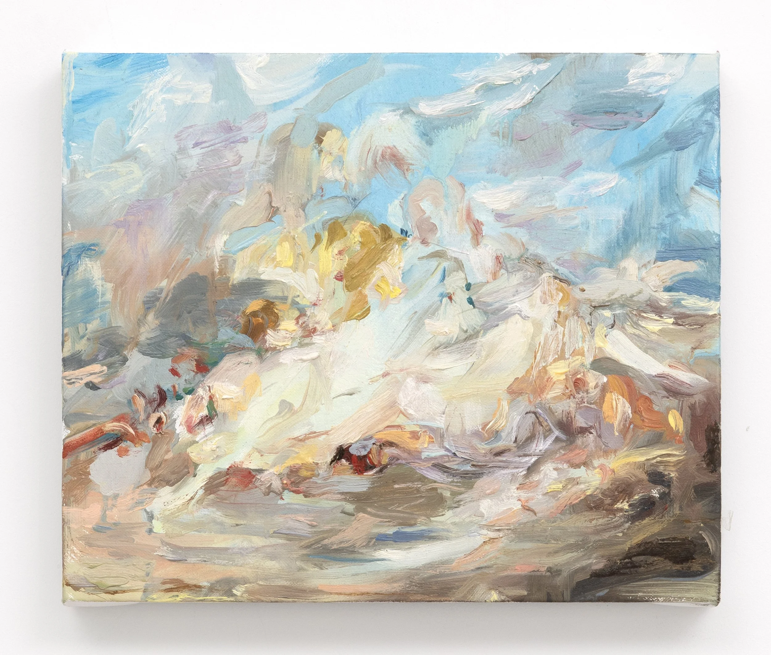 Cumulus is an oil painting by Lauren Moses depicting reclining figures dissolving into an atmospheric field of pale blue, white, pink, yellow, and cream