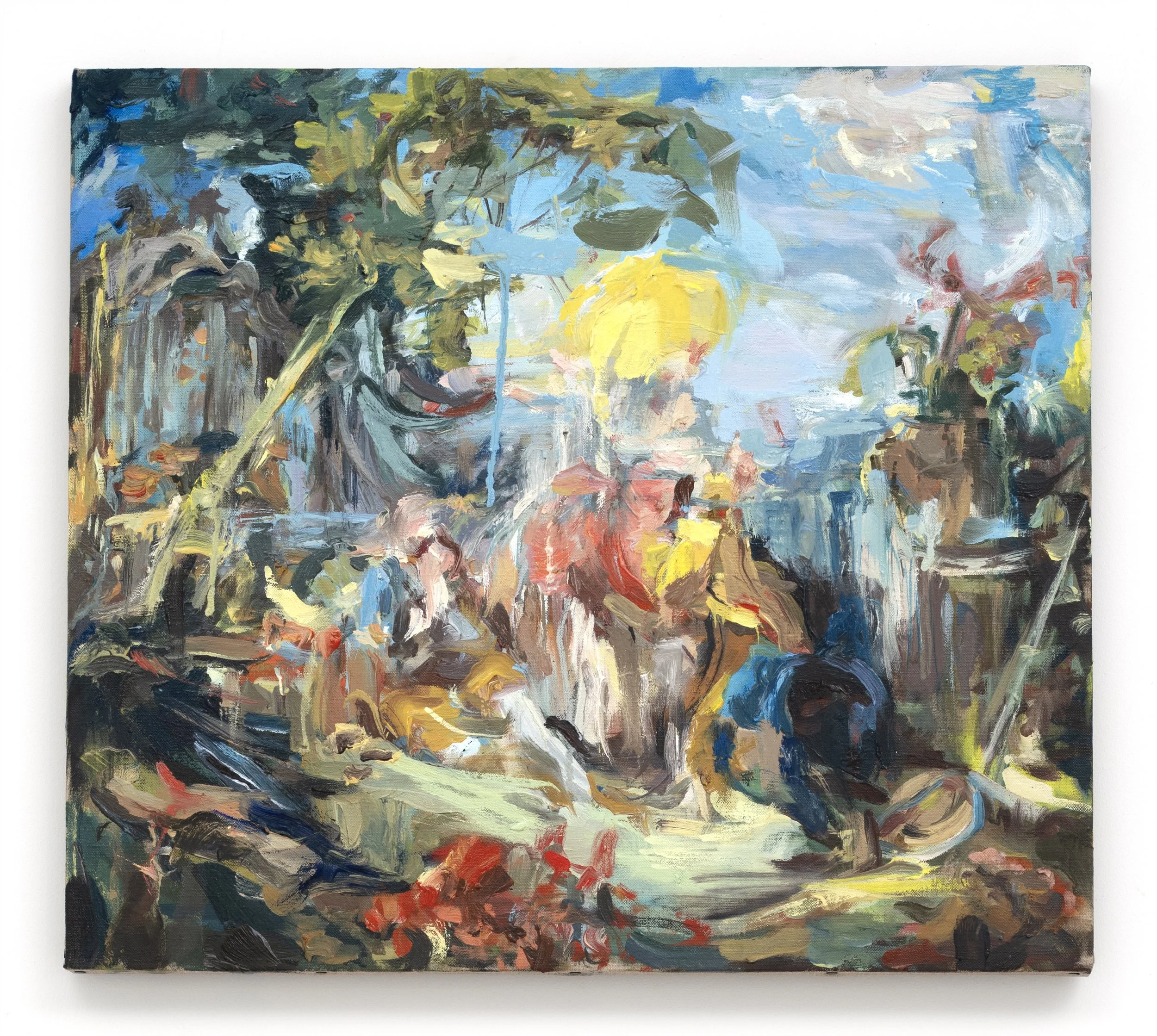 The Arrangement is a figurative oil painting by Lauren Moses depicting loosely rendered figures gathered within a landscape surrounded by foilage and architectural forms in gestural layers of blue, yellow, pink, green and earth tones