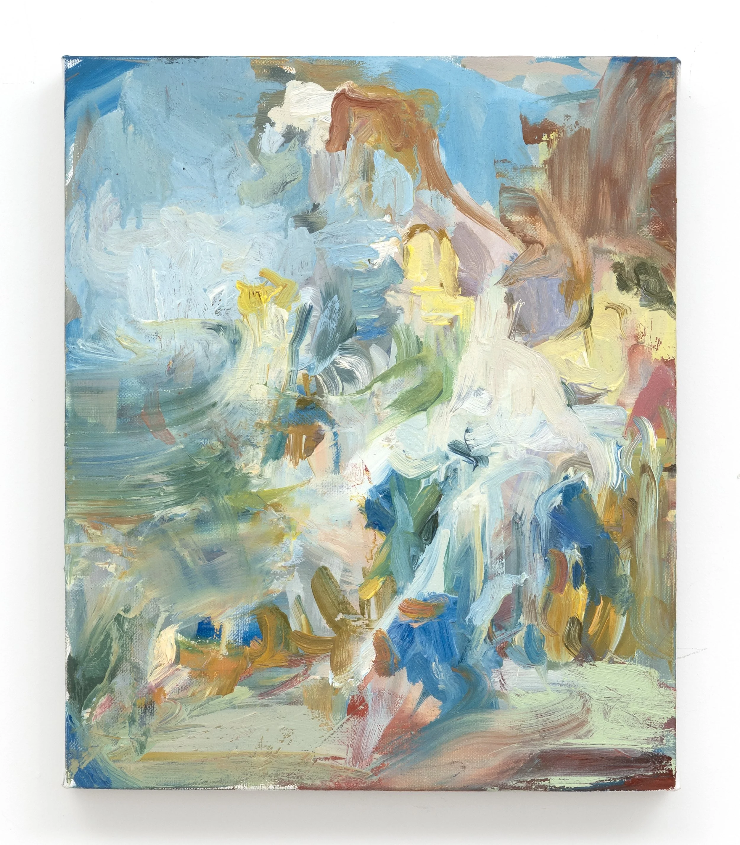 Powder/Dust is an oil painting by Lauren Moses depicting fragmented figures emerging and dissolving within gestural passages of blue, white, green, ochre and pink