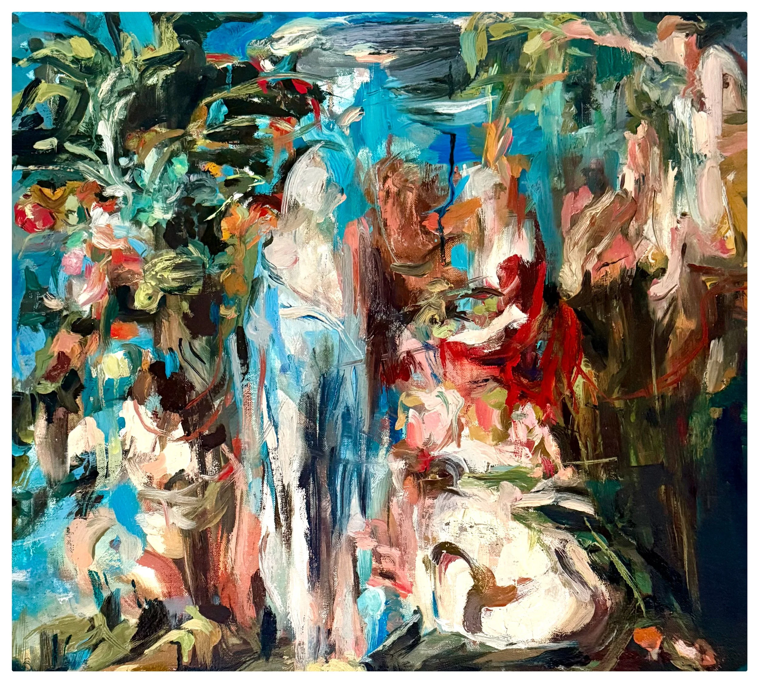 Hang Here Until the Tree Dies is a contemporary oil painting by Lauren Moses featuring loosely rendered figures, trees, foilage emerging from gestural layers of turquoise, green, pink, red, and white.