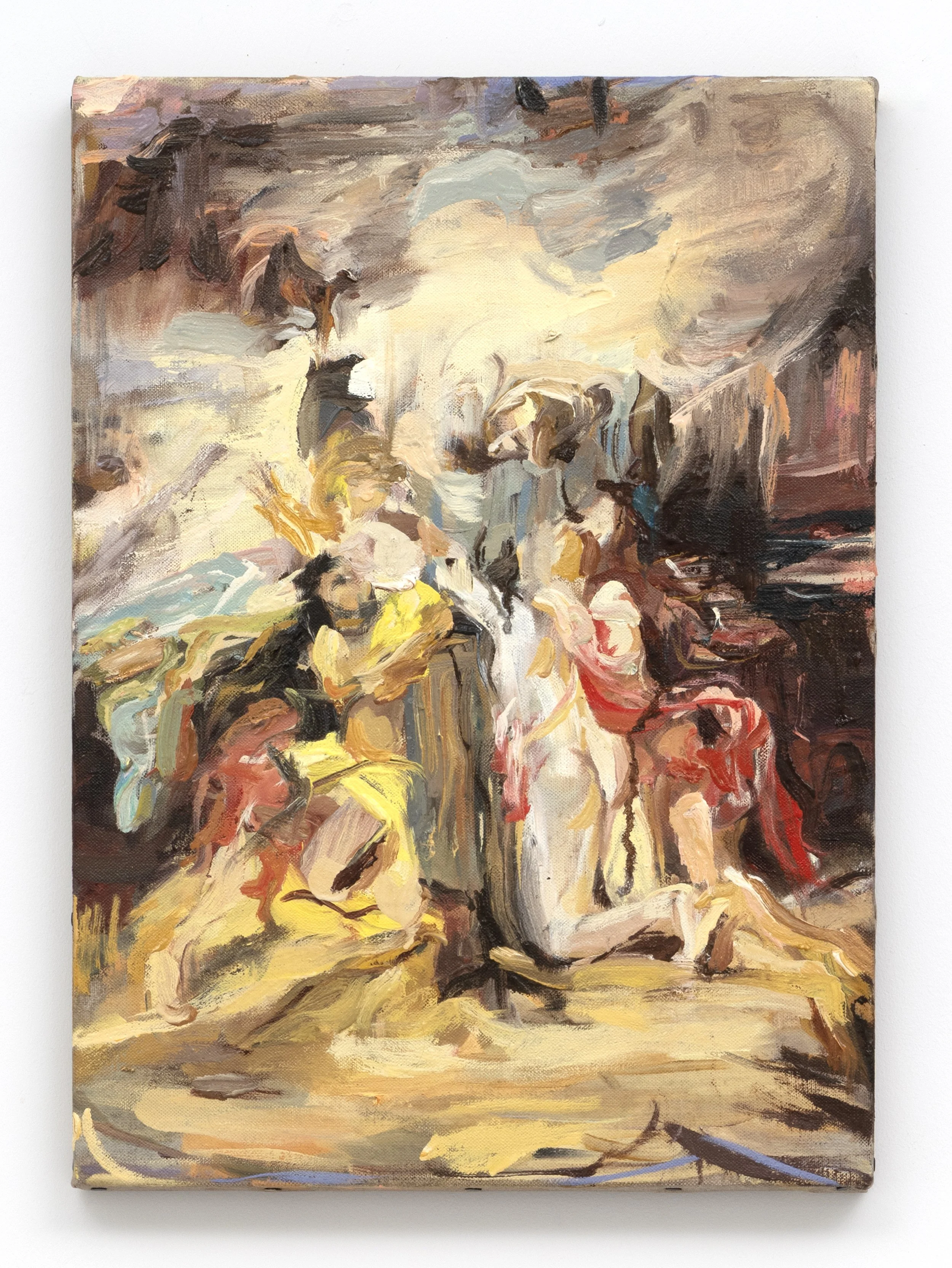 Worshipers is a contemporary oil painting by Lauren Moses depicting a gathering of loosely rendered figures, some kneeling and bending, emerging through gestural passages of yellow, red, cream, brown, and gray