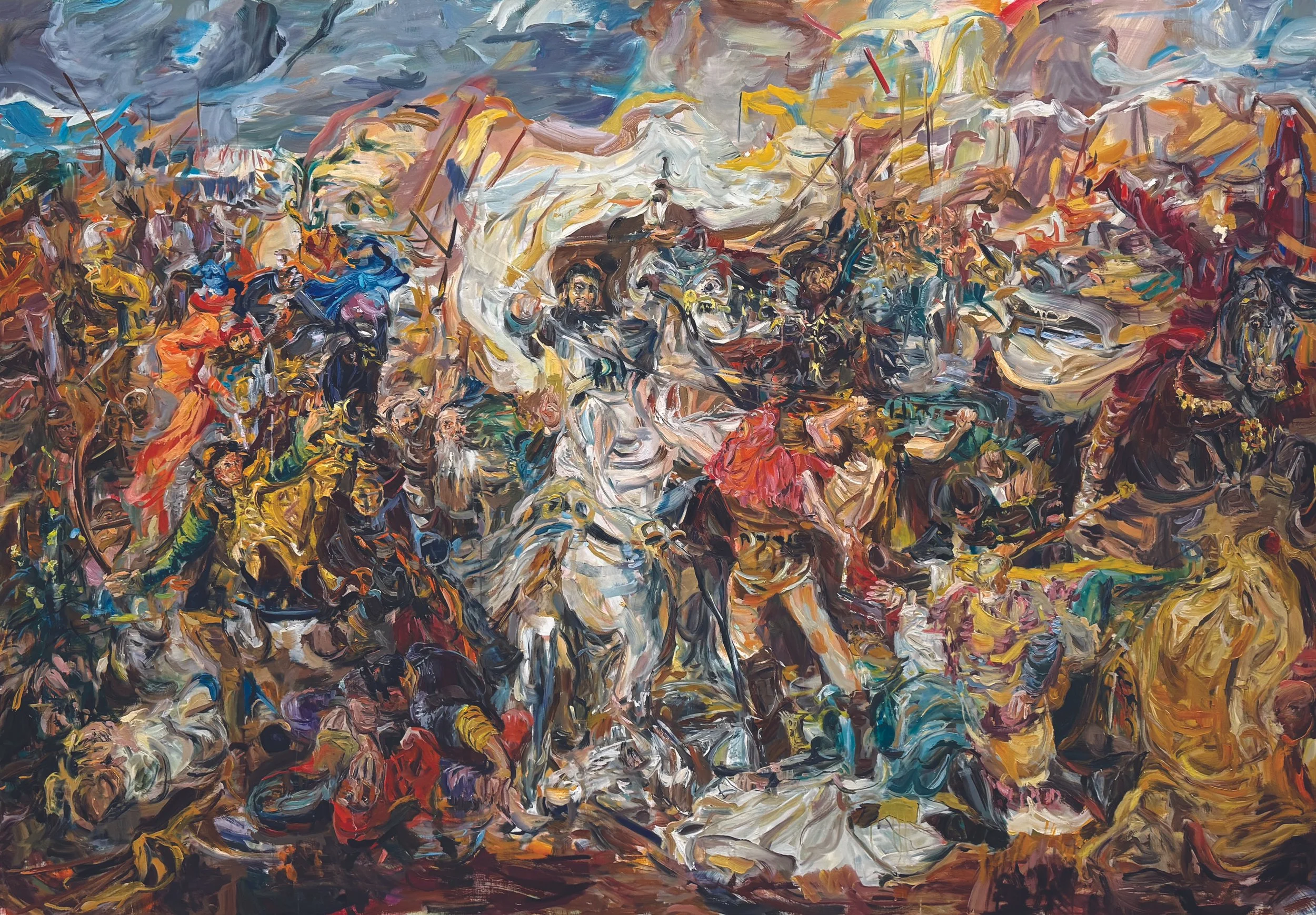 Lauren Moses, Without Bones There Would Be No Stories, contemporary figurative oil painting with densely layered figures and gestural passages.