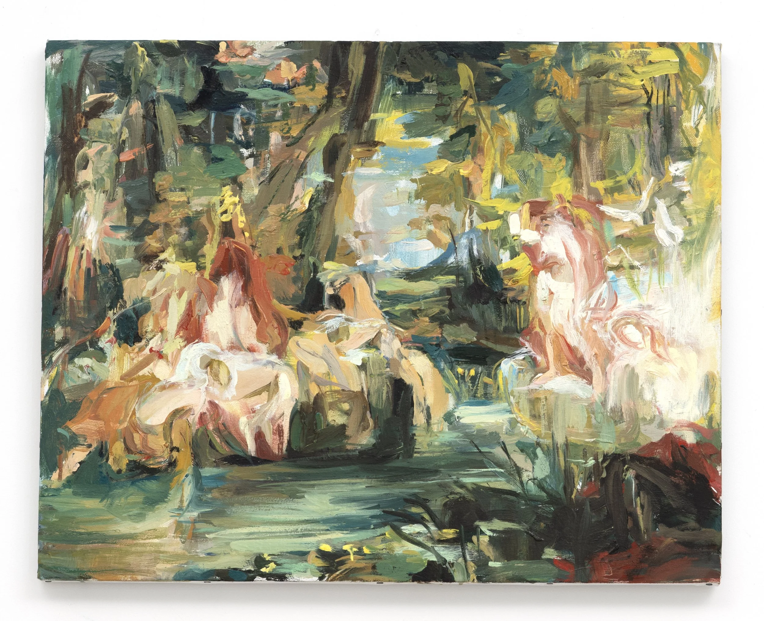 Eros the Bittersweet is a contemporary, figurative, abstracted oil painting by Lauren Moses depicting Venus and Diana and her nymphs gathered in a lush wooded landscape, rendered in loose, gestural brushwork with greens, turquoise, pink, ochre, red