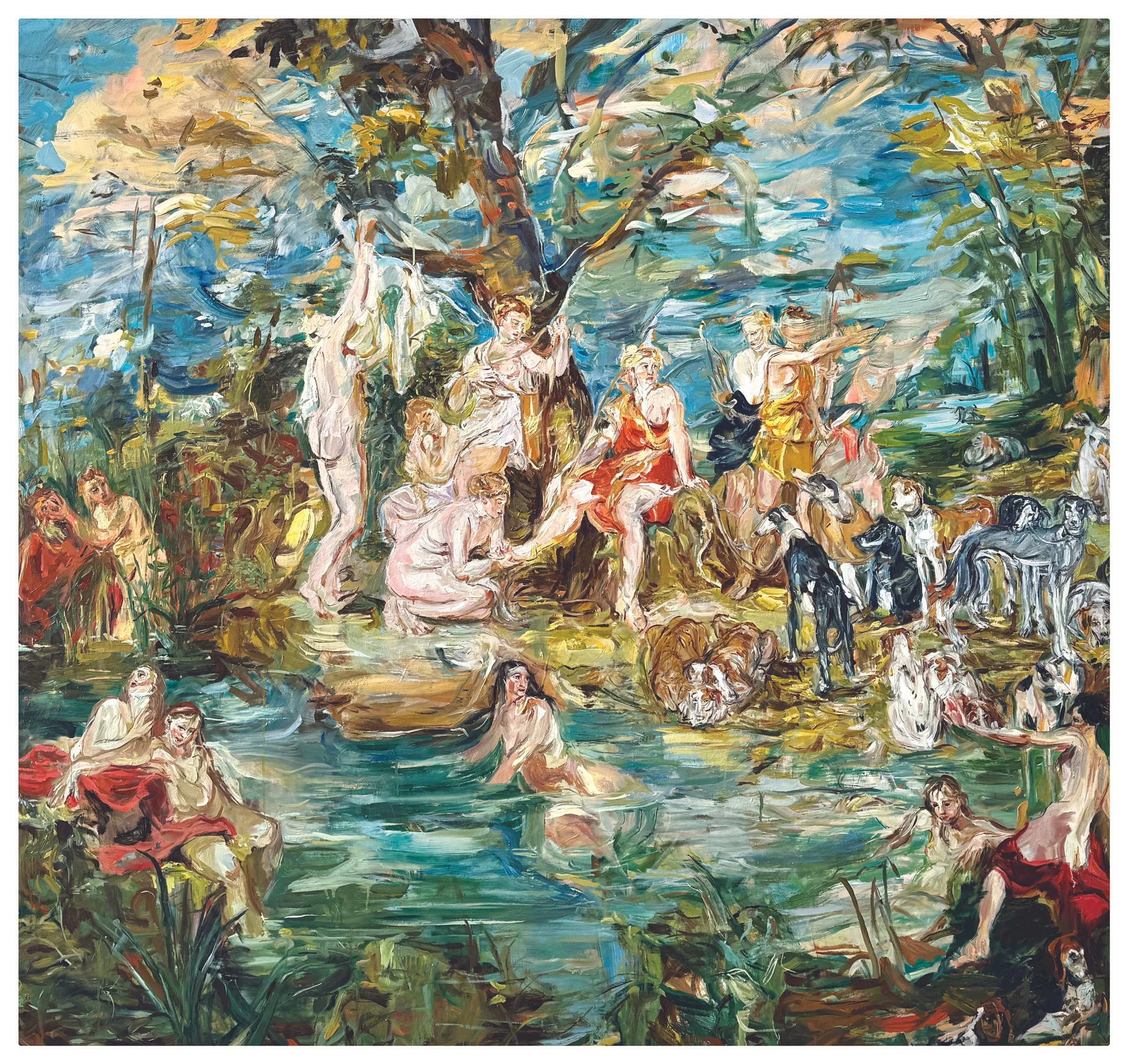 Lauren Moses, You Saw Nothing, contemporary figurative oil painting with layered figures, animals, and gestural passages drawn from mythological imagery.