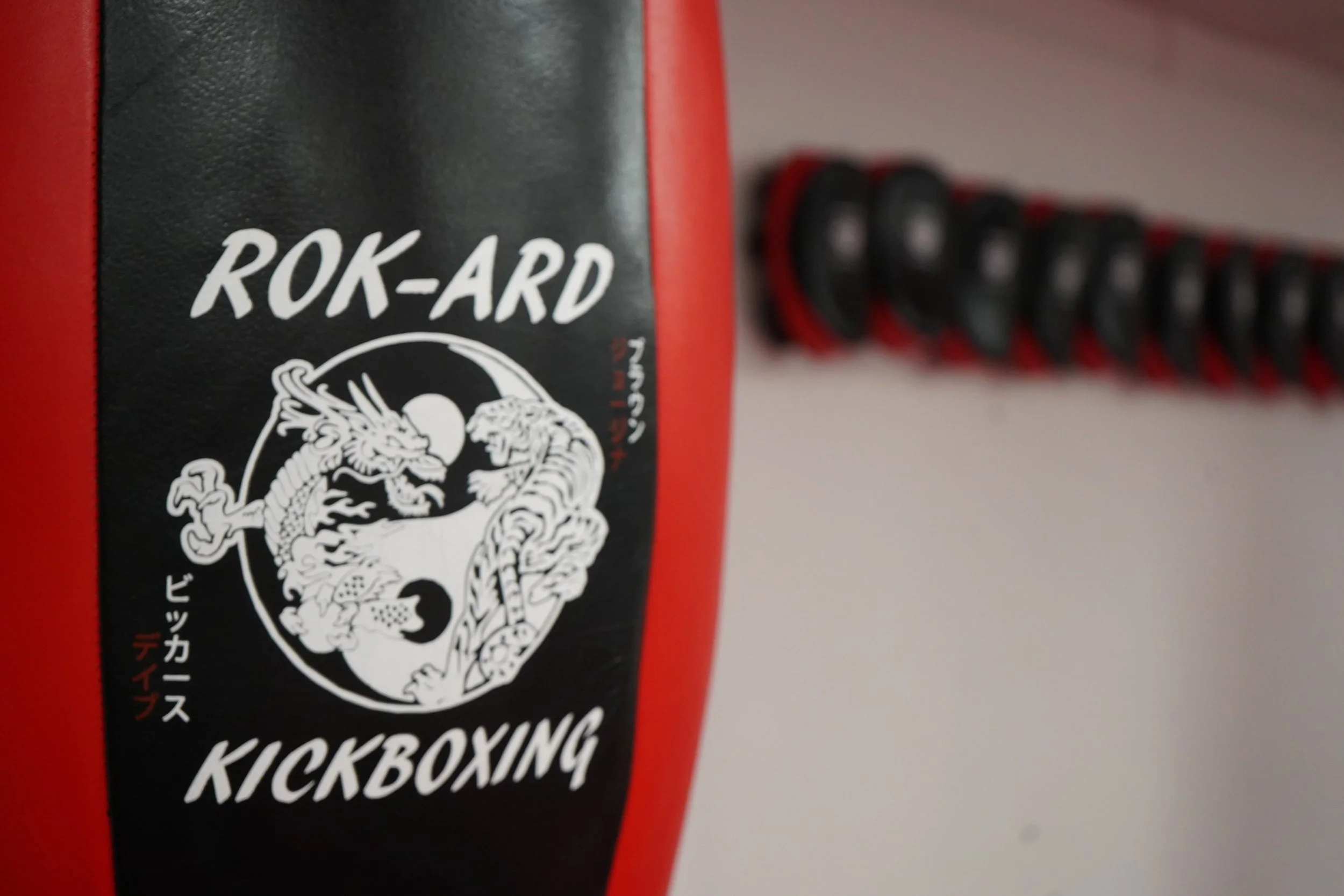 A red and black kickboxing punching bag with the logo 'ROK-ARD KICKBOXING' and an illustration of a dragon and tiger in black and white, with Japanese characters on the side.