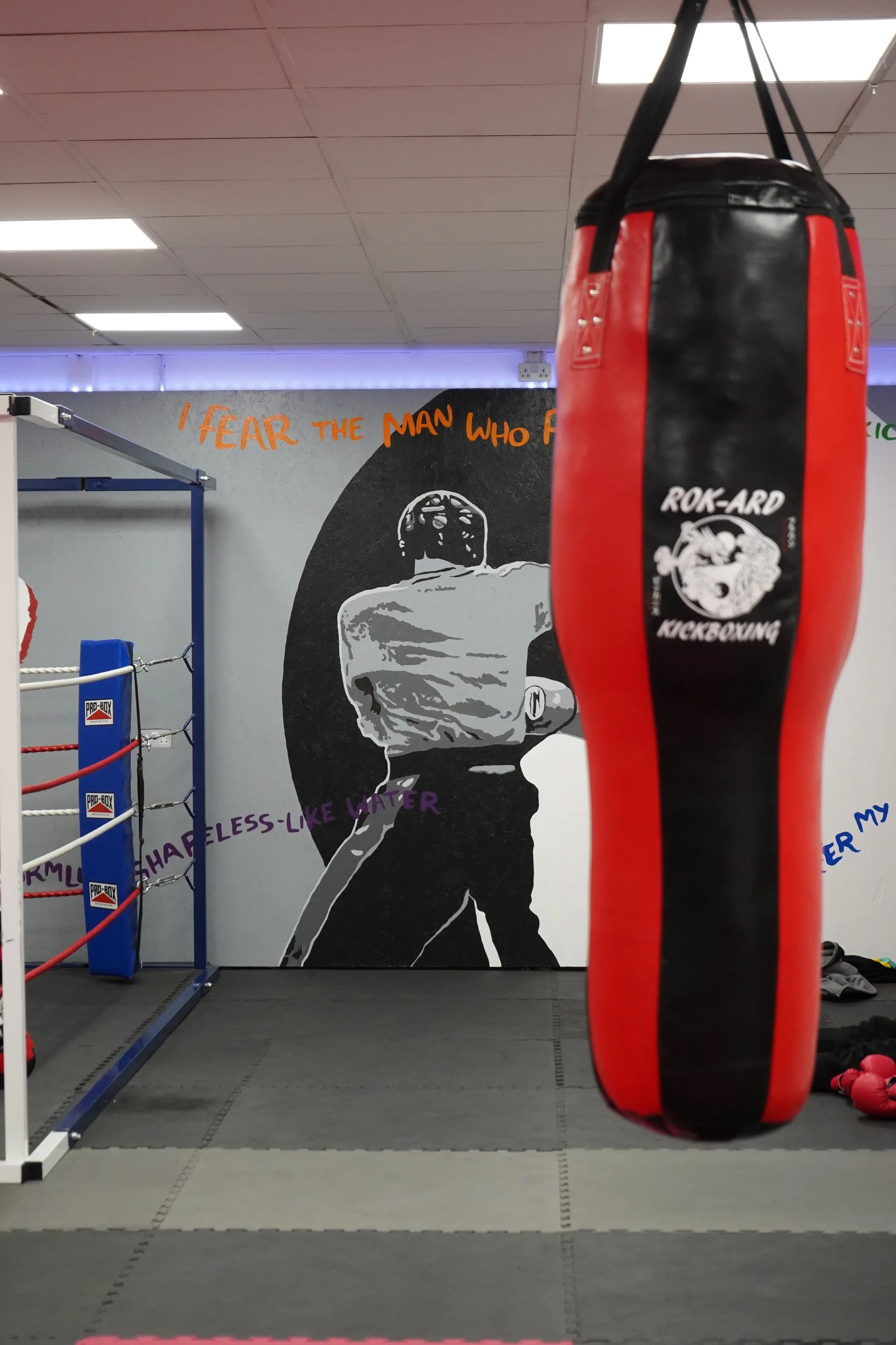 Red and black punching bag hanging in the training area of a martial arts gym with a mural on the wall featuring a person in fighting pose and colorful text. 