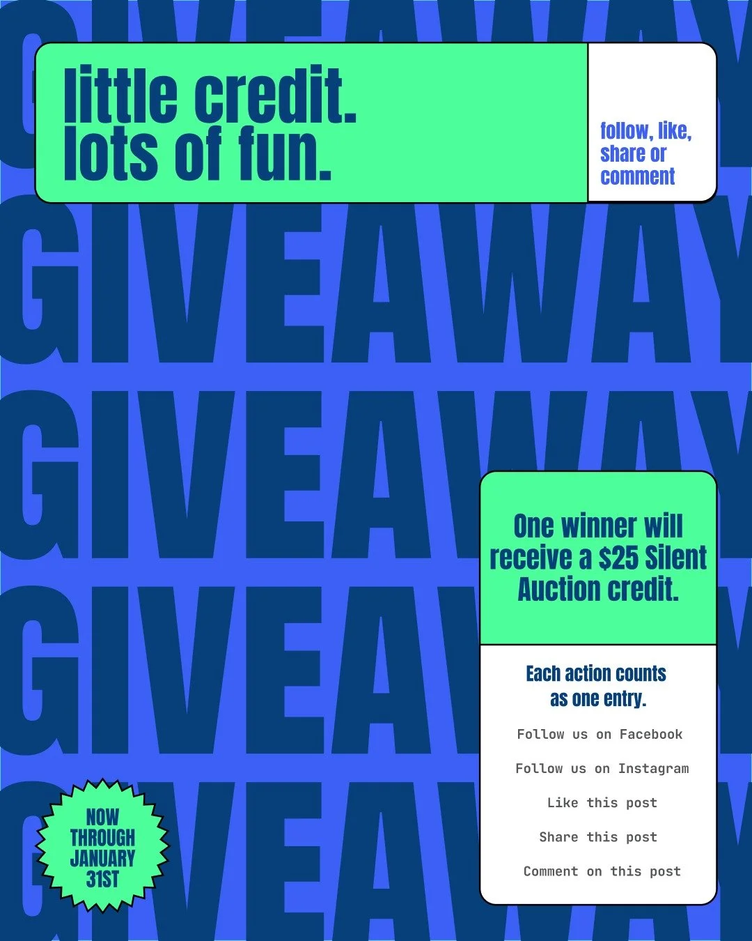 We&rsquo;re giving away a $25 Silent Auction credit! Every action counts as one entry 👇

&bull; Follow us on Facebook 👥
&bull; Follow us on Instagram 📸
&bull; Like this post 👍
&bull; Share this post 🔁
&bull; Comment below 💬

More entries = more