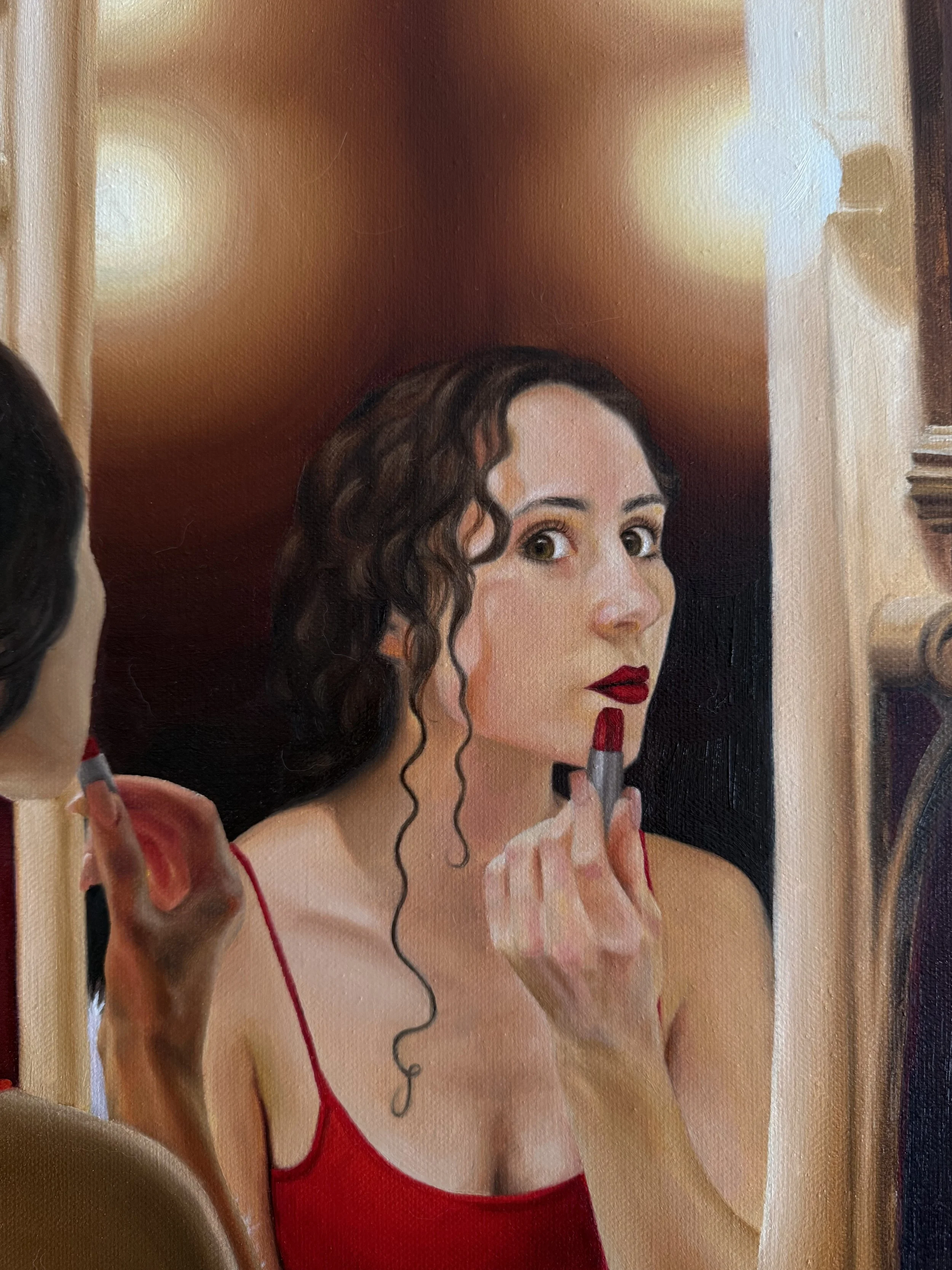 Closeup of "Curtain Call" 50x60cm oil on canvas