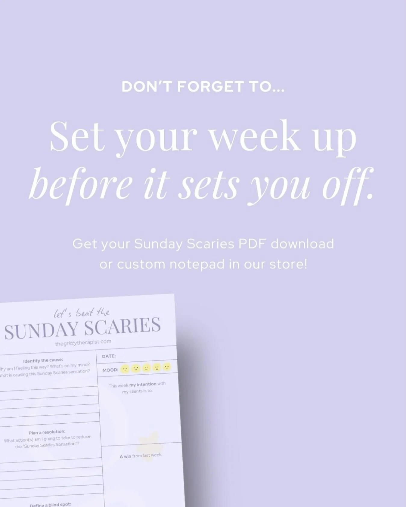 A gentle reminder as the week winds down:

You don&rsquo;t have to carry the Sunday Scaries into Monday.💚

Our Sunday Scaries notepad and digital download are designed to help you slow down, name what&rsquo;s coming up, and set intentions before the