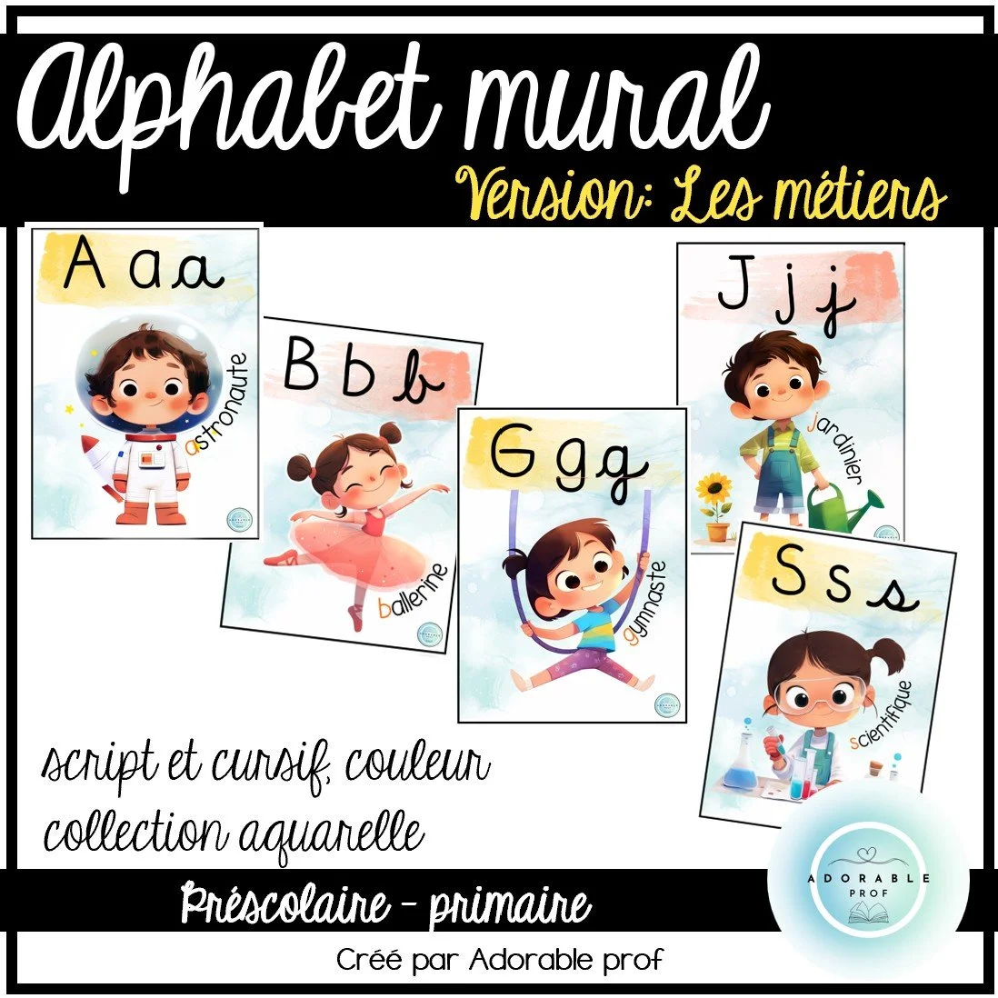 Alphabet mural des métiers – Collection aquarelle