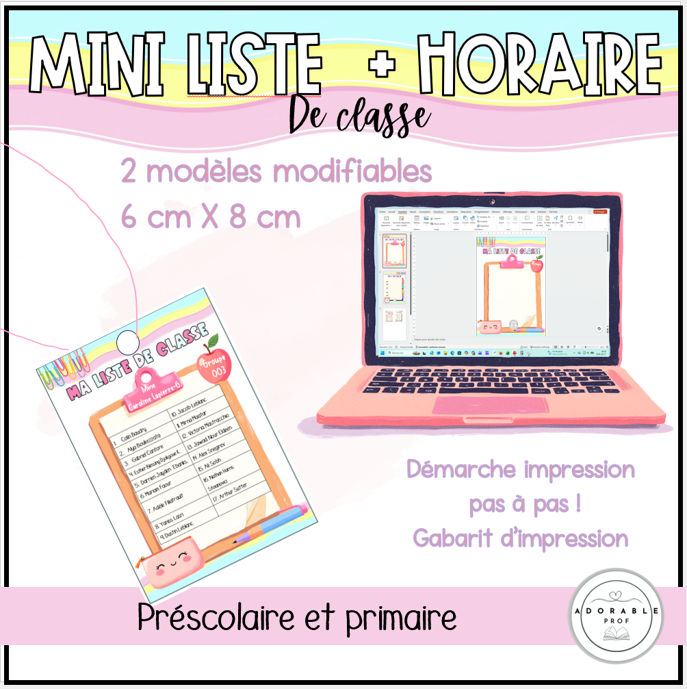 Mini Liste et Horaire de classe modifiables