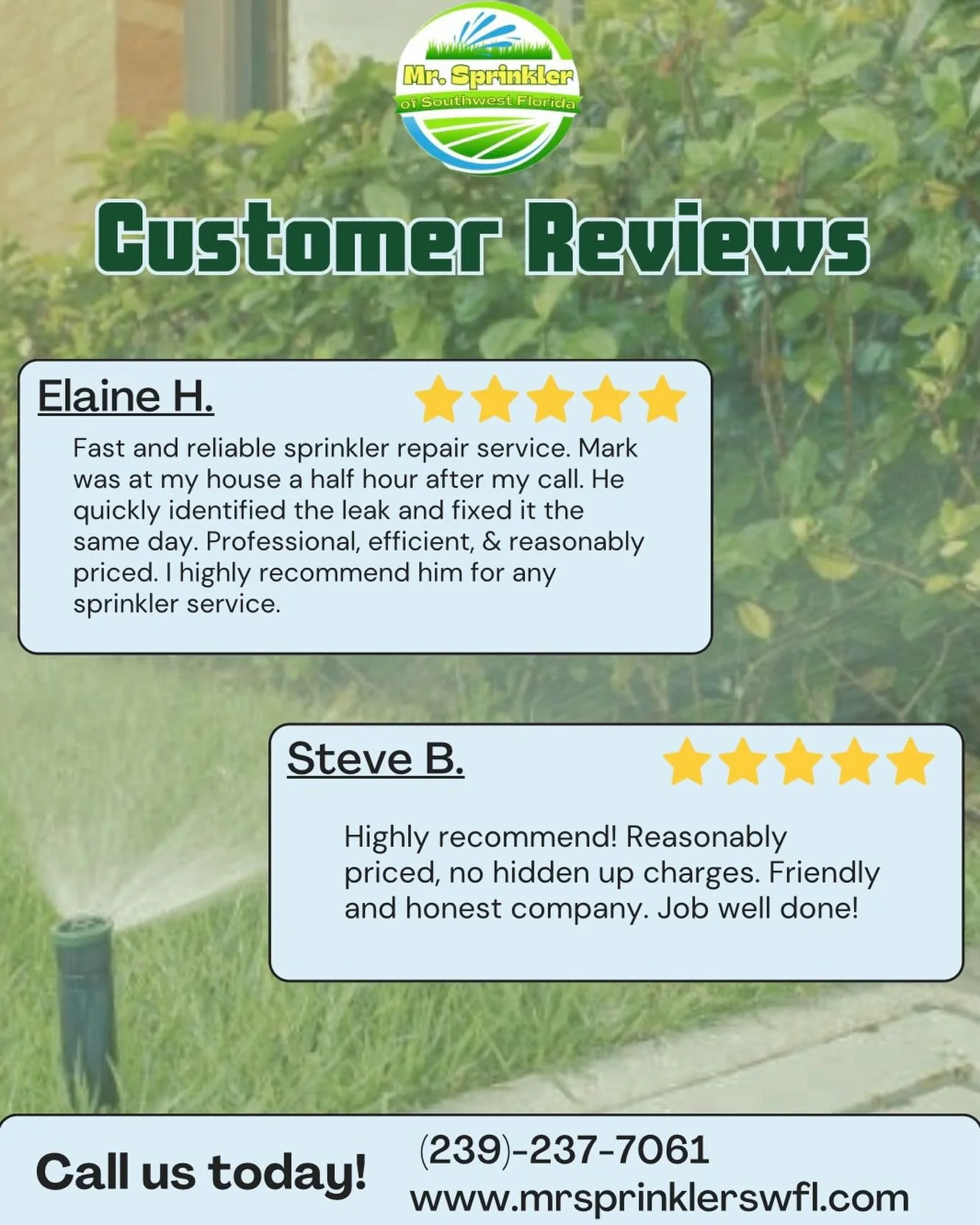Don&rsquo;t just take our word for it, see what our customers are saying! 
⭐️⭐️⭐️⭐️⭐️

Thank you to our clients for all your positive feedback. 👍🏻 

#sprinklerservice #puntagordabusiness #portcharlotte #irrigationcontractor #sprinklersystemrepair
