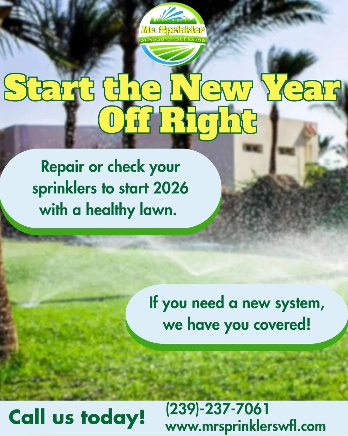 Happy New Year from Mr. Sprinkler of SWFL 🎆

Start 2026 off right with a new sprinkler system or an update on your current one. Make this the year your lawn thrives! 🌱 

Call us today! 
(239)-237-7061 

#irrigationsolutions #puntagordabusiness #sup