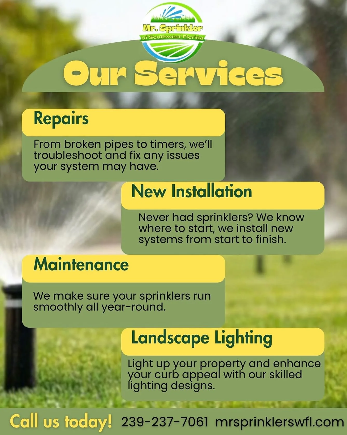 Need sprinkler service in Charlotte County? We have you covered! 💧🌱

Check out our services today to keep your lawn thriving 

Repairs🛠️
New Installation🪏
Maintenance✅
Landscape Lighting💡 

Call us today! 
239-237-7061

#puntagordafl #supportloc