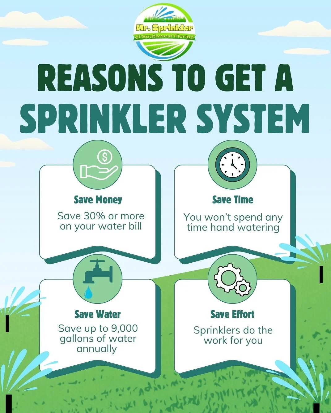 Thinking about getting a sprinkler system? 💧 

Here&rsquo;s all the reasons you should! ✅
Save money, 
save time, 
save water, 
and save effort.

Why choose us? ⚙️
We are locally owned and operated. 
We provide quality work. 
We are qualified. 
We o