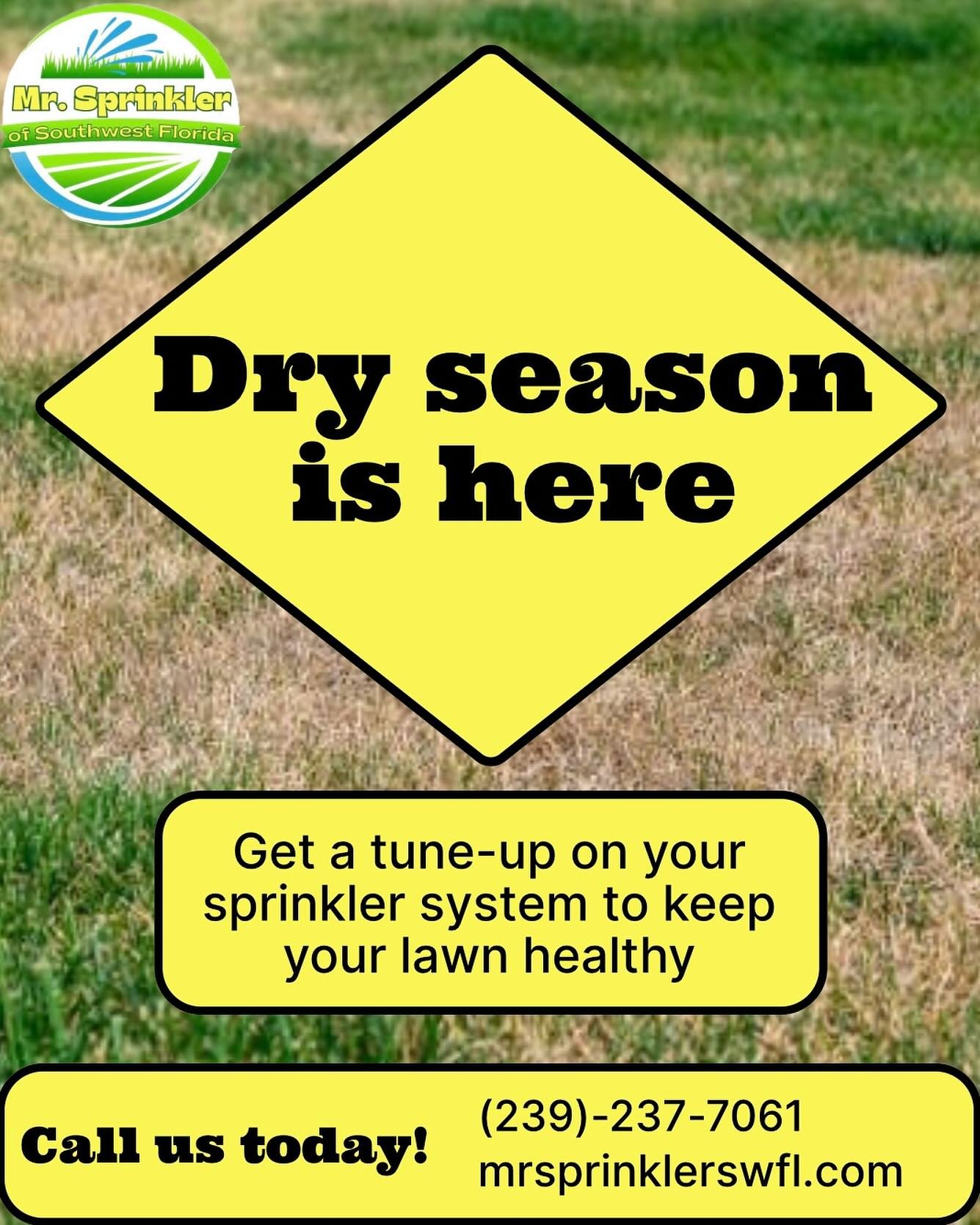 Today is the official start of dry season in southwest Florida ☀️

Keep your sprinkler system running smoothly to protect your lawn in these harsh conditions 🪾

Call us for your irrigation maintenance and repairs to keep your landscape healthy ✅ 

(