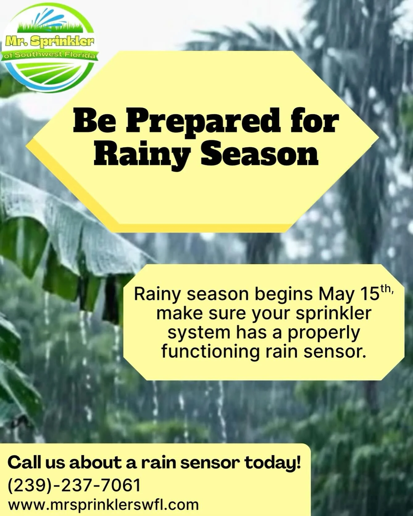 Prepare for rainy season 🌧️ 

In SWFL our rainy season starts May 15th ☔️ 

Check your sprinkler system to make sure you have a working rain sensor ⚙️

If not, give us a call today! 
239-237-7061

#irrigationsolutions #puntagordabusiness #rainsensor
