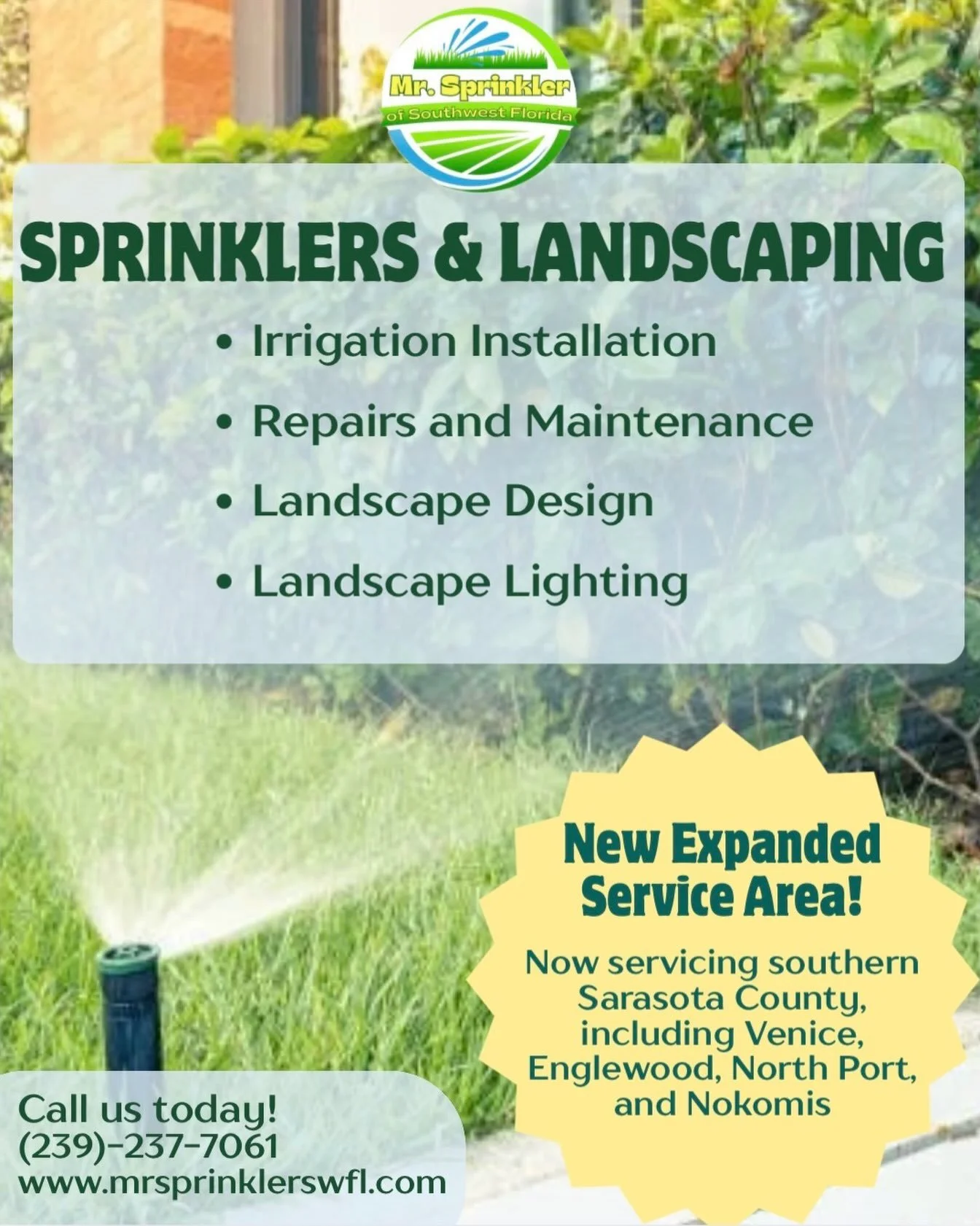 Need sprinkler or landscaping service? 

Give us a call for irrigation installation, repairs or maintenance. Ask about our landscape design and lighting services to refresh your outdoor spaces. 

We now provide our services in southern Sarasota Count