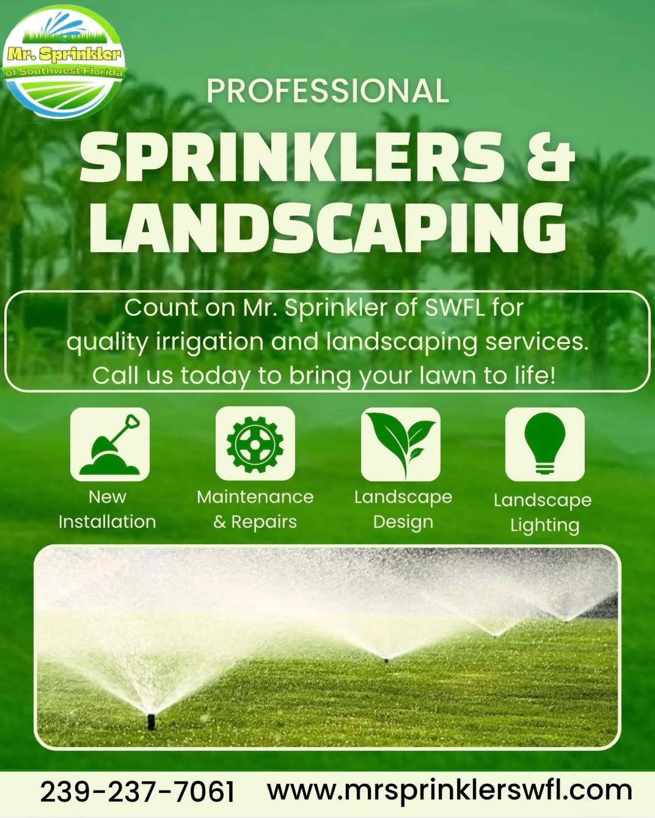 Looking for irrigation or landscaping services? Look no further! 

We provide everything your landscape needs to thrive. 🌱

Sprinkler installation 
Maintenance &amp; repairs 
Landscape design 
Landscape lighting

Call us today to bring your lawn to 