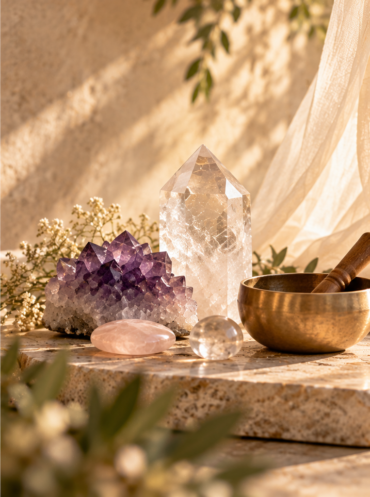 Amethyst cluster, clear quartz crystal, rose quartz stone, crystal sphere, and brass singing bowl in warm sunlight
