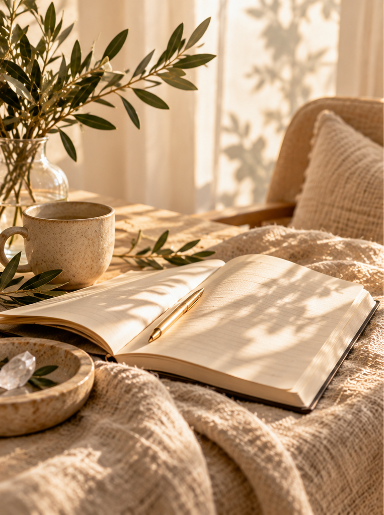 Sunlit cozy workspace with an open journal, gold pen, ceramic coffee mug, olive branches, and textured blankets.