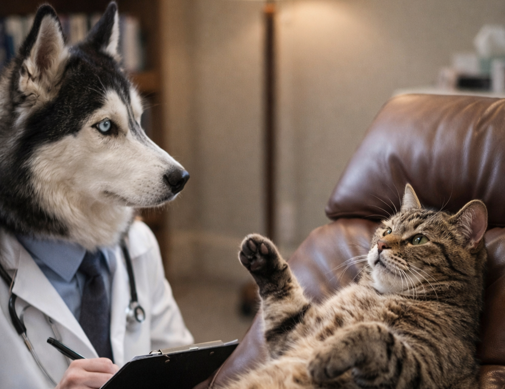 An AI generated image of a husky in a lab coat taking notes while a cat in a therapy chair looks into the distance