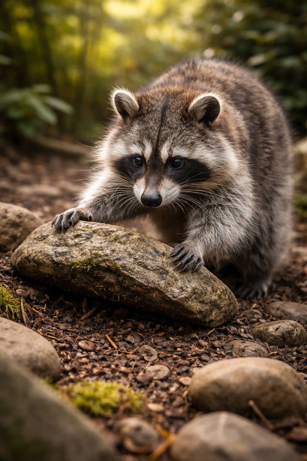 A raccoon crawling over a rock in a forested area.