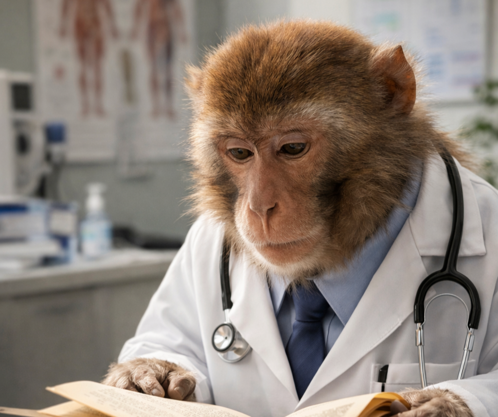 An AI generated image of a monkey in a lab coat, reading a book