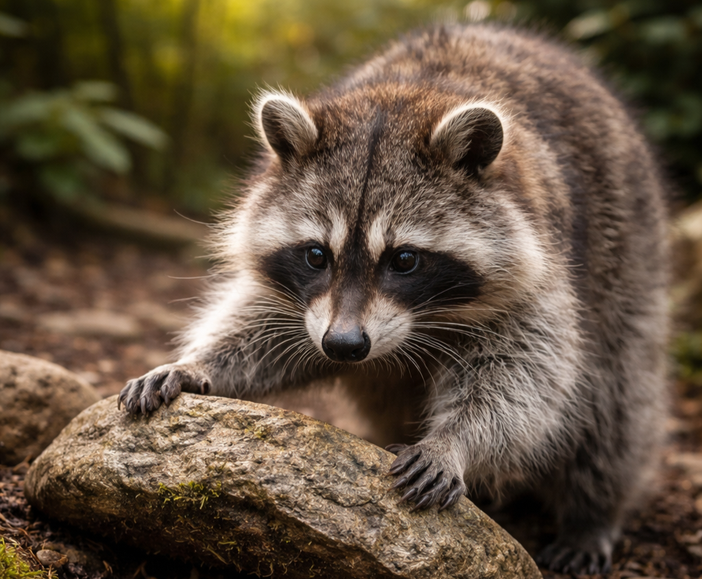 An AI generated image of a racoon flipping stones