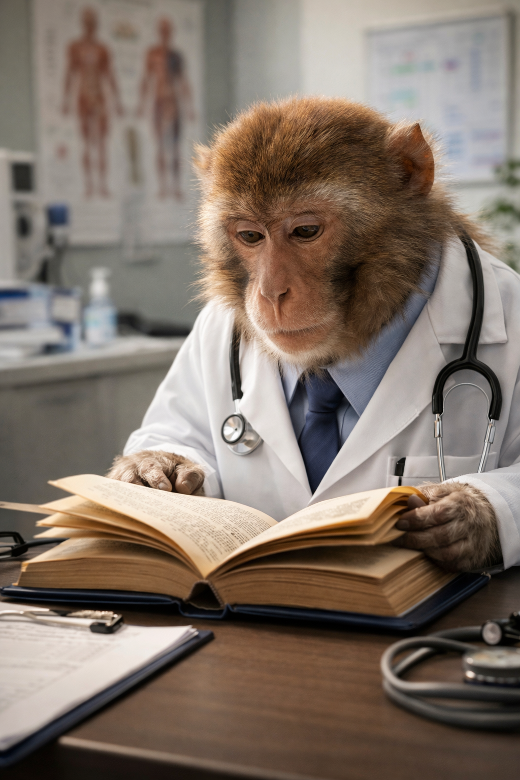 A monkey dressed as a doctor, wearing a white coat and stethoscope, reading a book at a desk in a medical office.