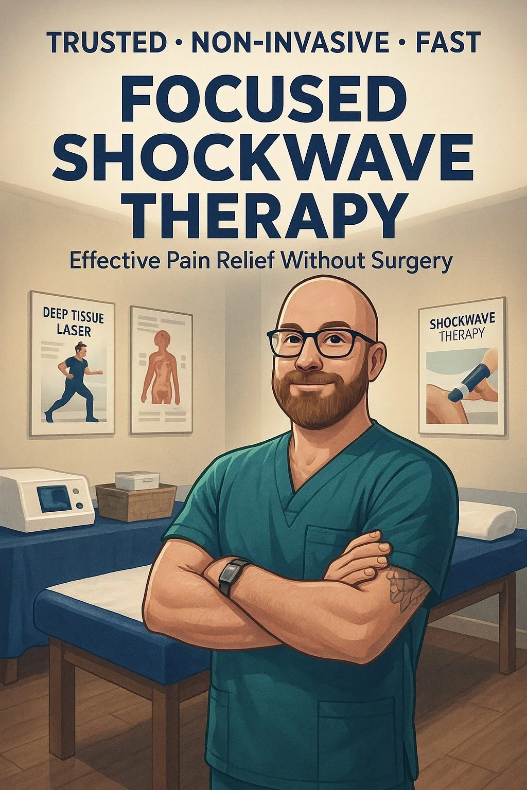 Poster advertising focused shockwave therapy featuring a male healthcare professional with glasses, a beard, wearing scrubs and a wristwatch, standing in a medical room with posters about deep tissue laser and shockwave therapy.