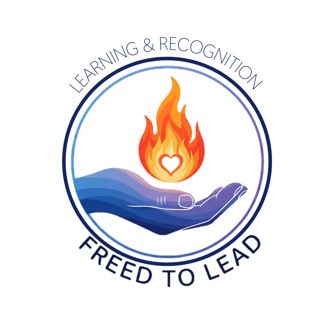 A blue hand cups a flame with a small heart at its base. The hand, flame, and heart are all inside a blue circle, which is inside a black circle. The words "Freed To Lead" and "Learning and Recognition" are outside the circle.