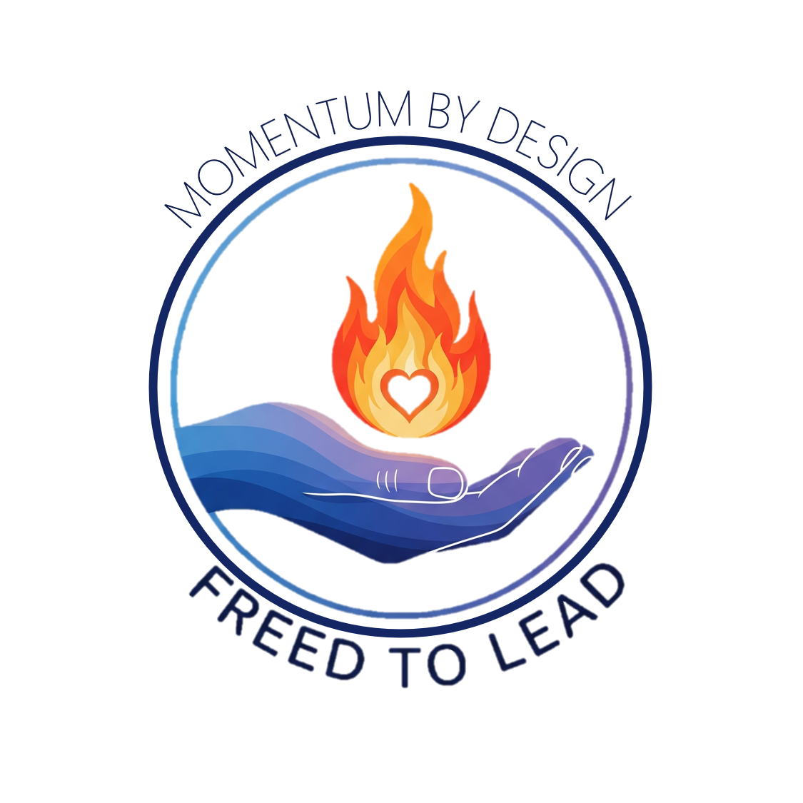 A blue hand cups a flame with a small heart at its base. The hand, flame, and heart are all inside a blue circle, which is inside a black circle. The words "Freed To Lead" and "Momentum By Design" are outside the circle.