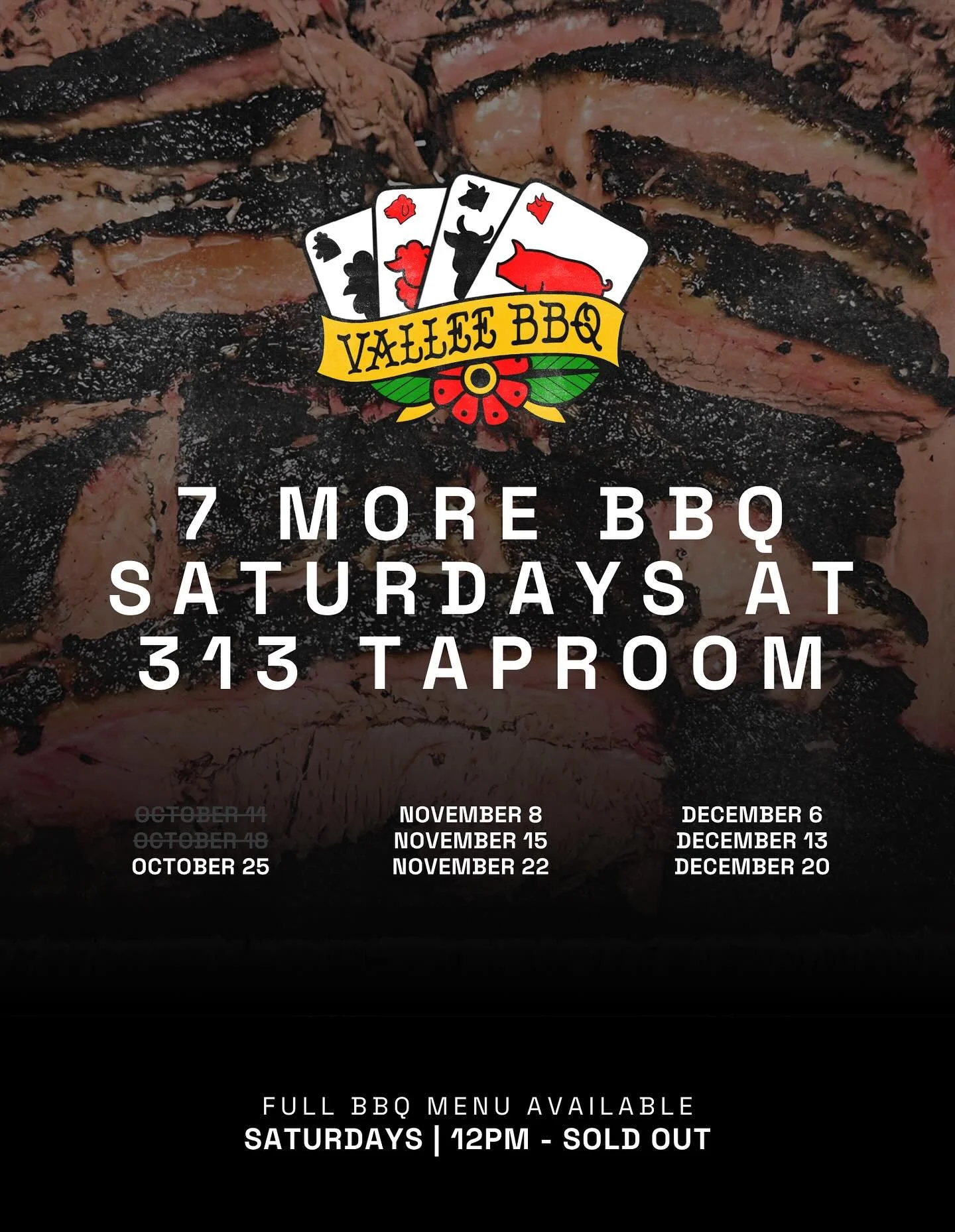 7 more Saturdays to get VALLEE BBQ at @313taproom. Ribs are on (may be a bit late on that). Brisket is ready! No potato salad today. See ya at 12! #bbq #nwi #brisket #ribs #hotlinks