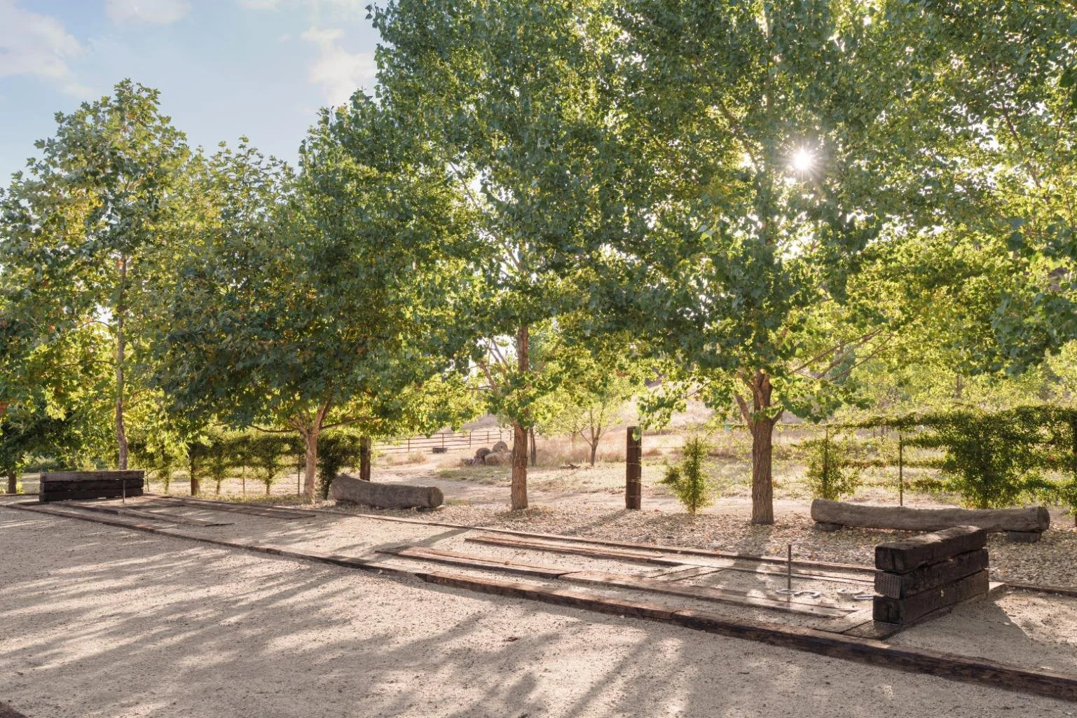 A park with a dirt trail lined with trees, benches, and old railroad ties, under a mostly clear sky with sunlight filtering through the leaves.