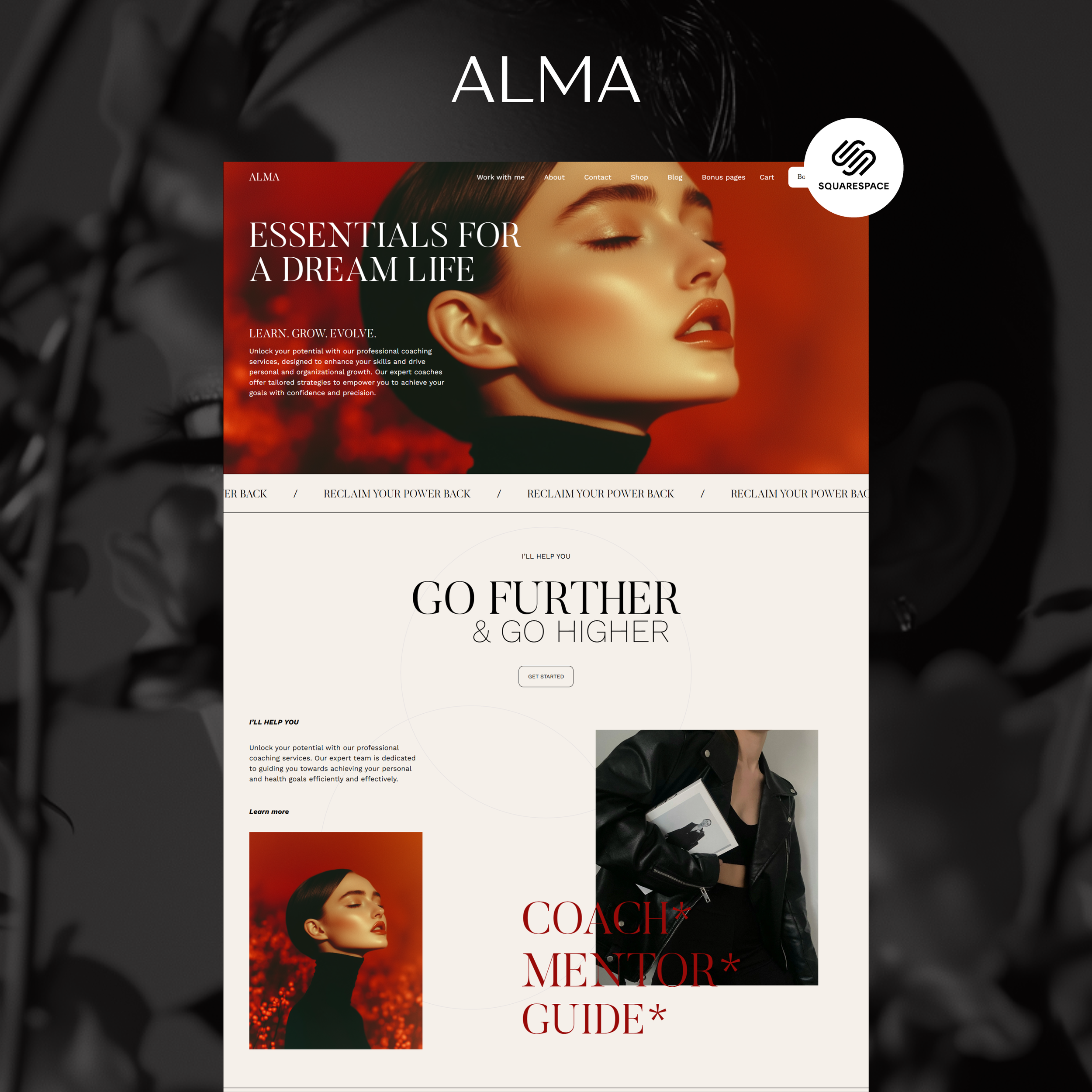 A website homepage for a coaching service called ALMA featuring a woman with closed eyes and bold makeup, a navigation menu at the top, and promotional text about personal growth and empowerment.