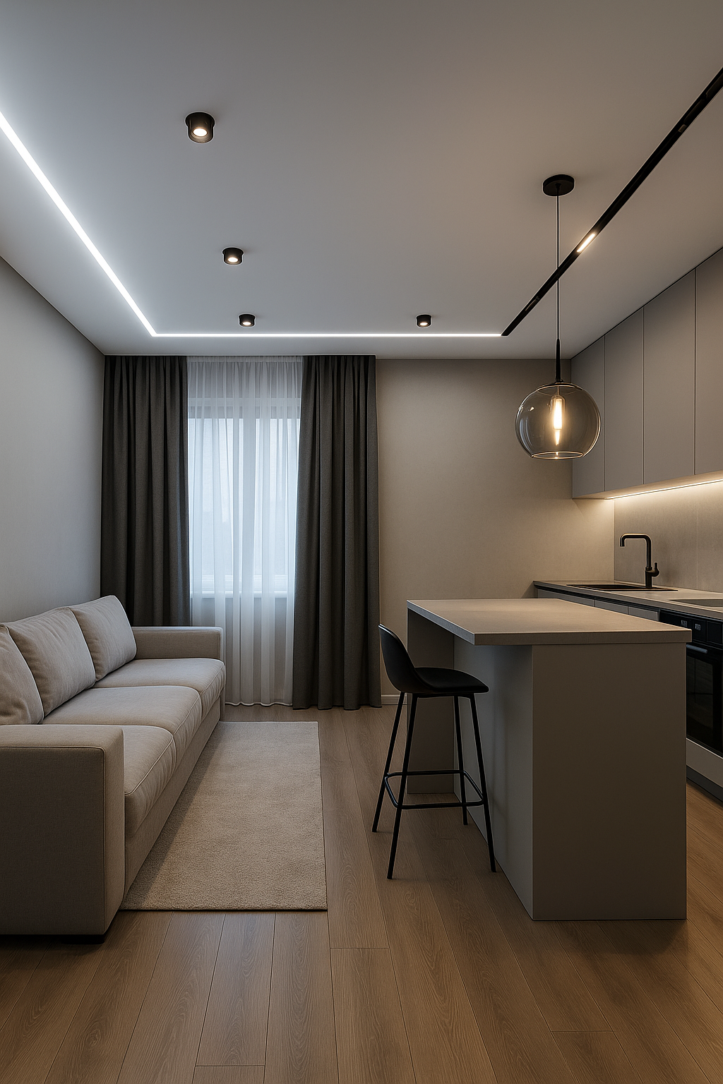 Modern living room and kitchen with beige sofa, window with dark curtains, light wood flooring, kitchen island, pendant light, and built-in cabinetry.